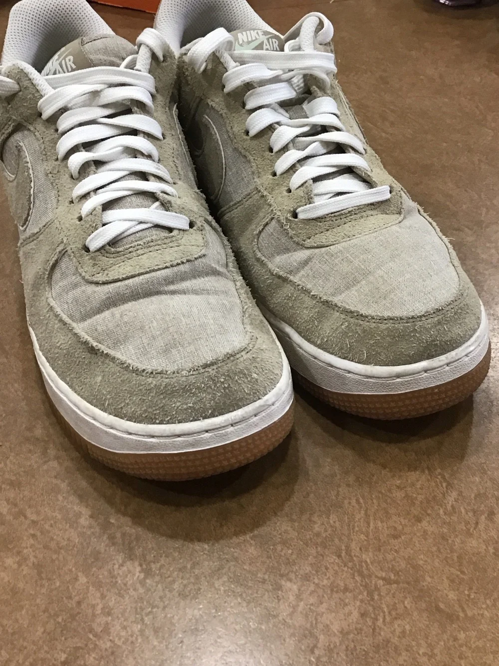 Nike Air Force 1 ‘07’ Low-Top Khaki Canvas, White & Gum Sole Women’s 8.5